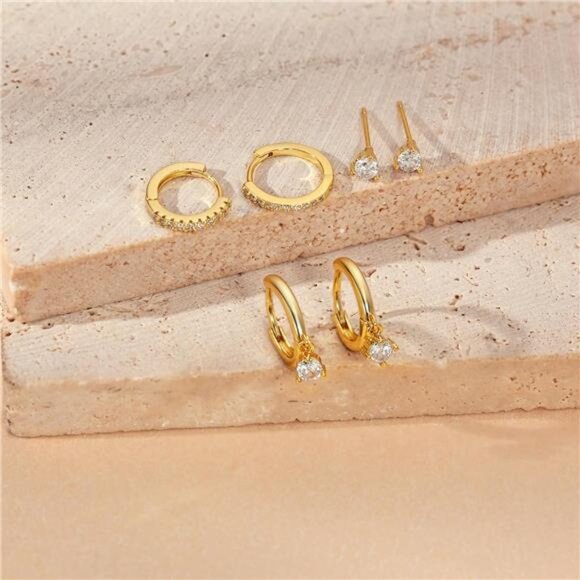 3-Pair Gold Hoop Earrings Set: Dainty 14K Gold Plated Studs & Huggie Hoops - Picture 3 of 8